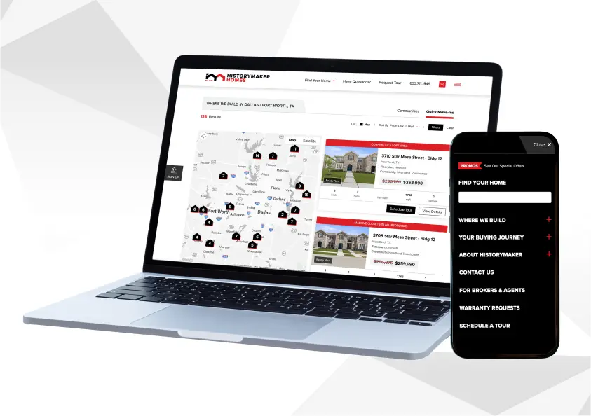 Laptop with iphone displaying HistoryMaker Homes website